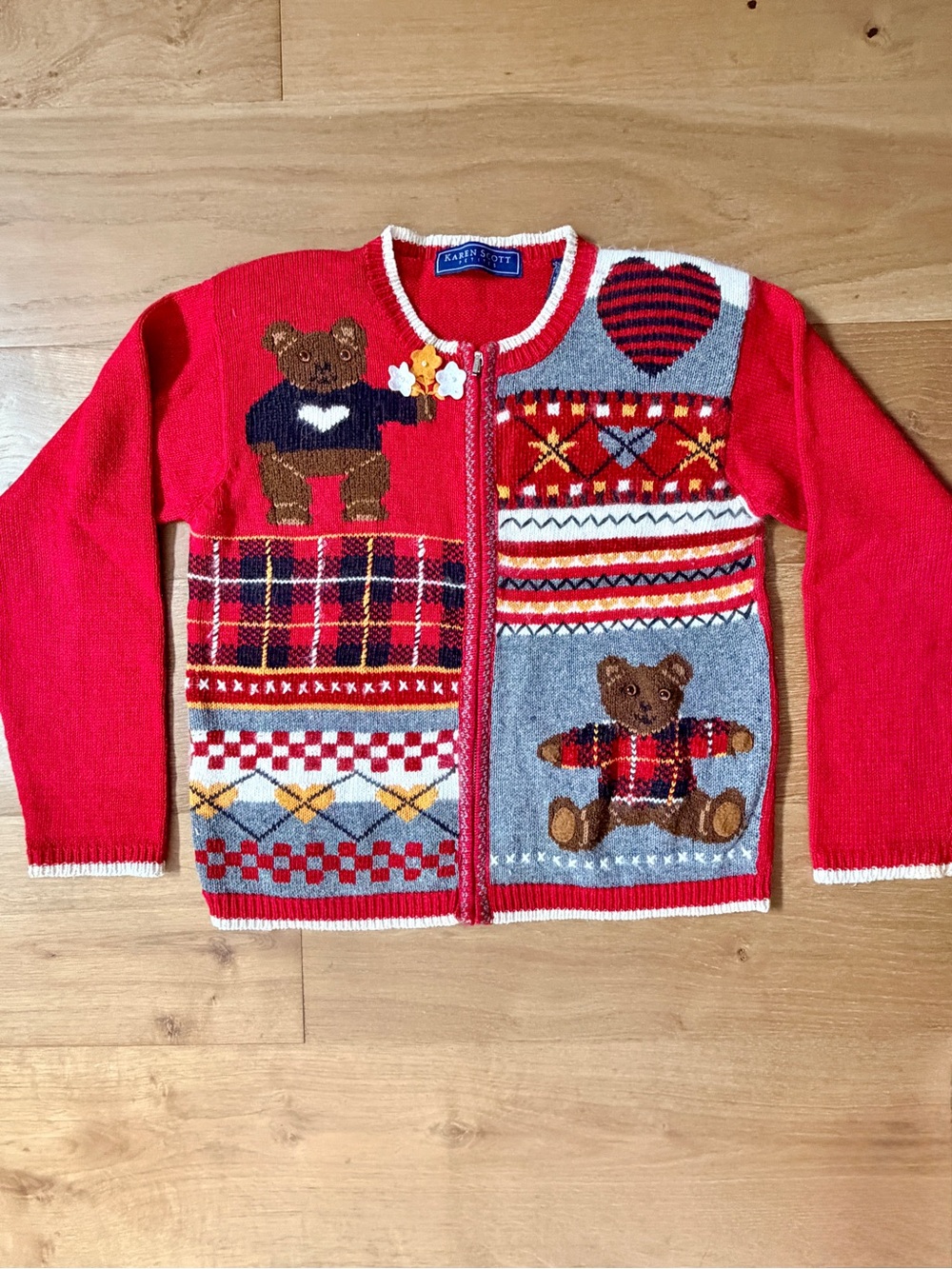 VTG 90s Karen Scott Teddy Bear Heart Patchwork Zip Cardigan Sweater Red Petite S